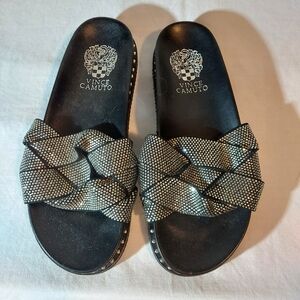 Vince Camuto "Kevind" Braided Rhinestone Slides - Black/Silver